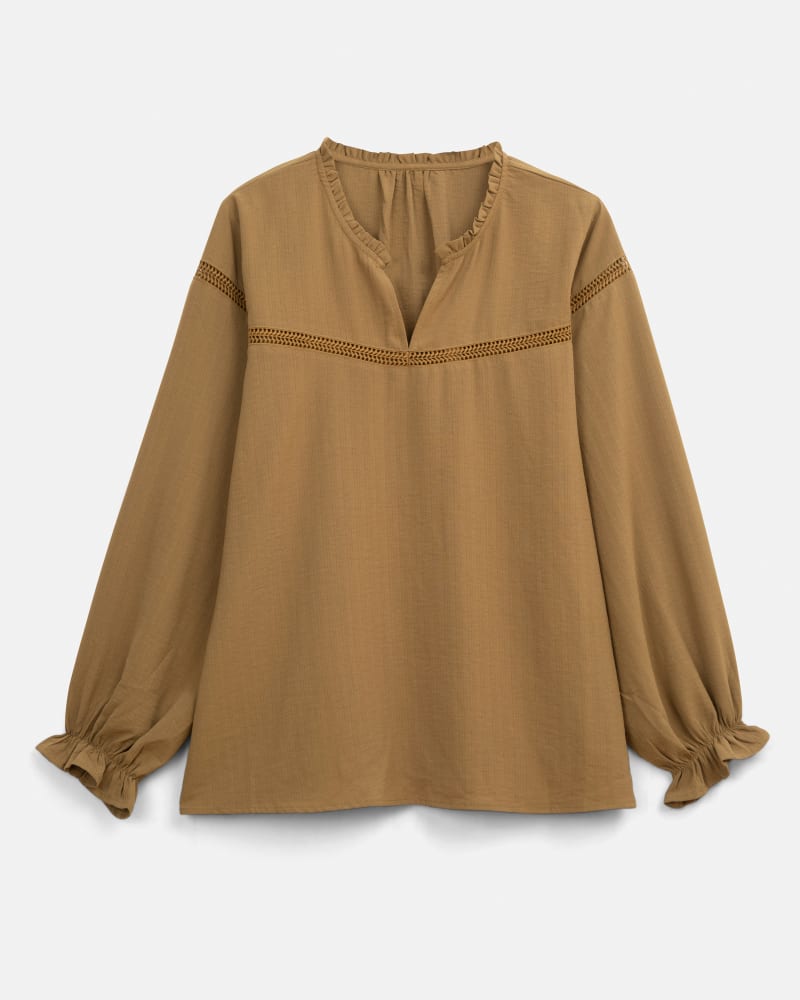 Front of a size 1X Amiyah Trim Detail Top in Tan by East Adeline. | dia_product_style_image_id:209408